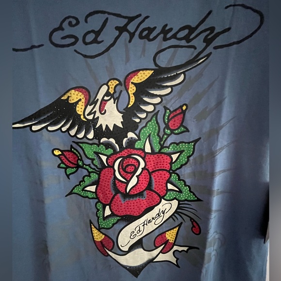 ED HARDY Rhinestone Cotton Blend Crew Neck Short Sleeve Graphic T-shirt Unisex - Picture 2 of 10